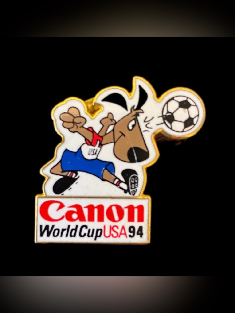 Canon Soccer Mascot Enamel Pin - White/Red/Blue/Gold